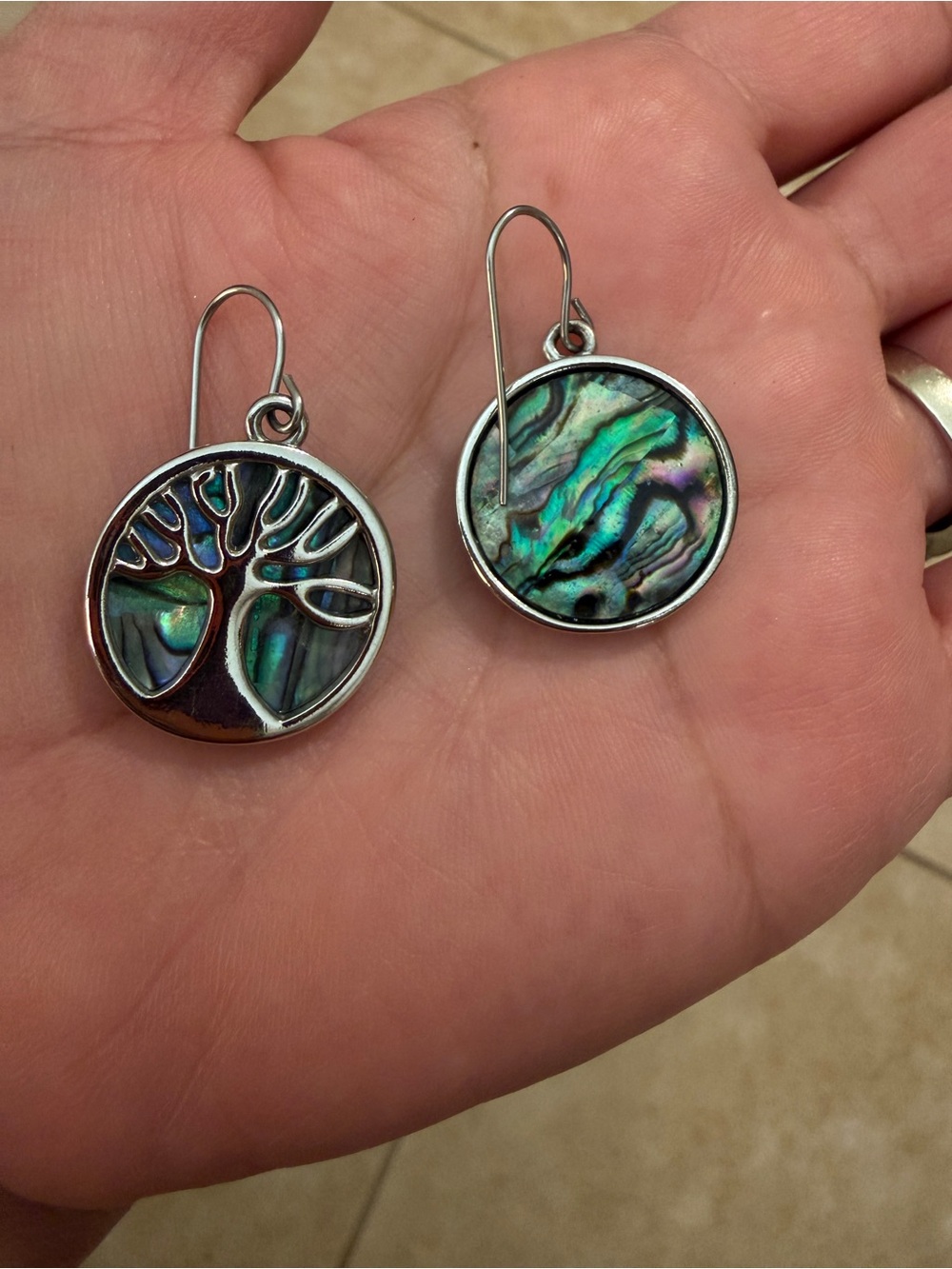 Abalone Tree of Life Dangle Earrings - Iridescent Green Sterling Silver